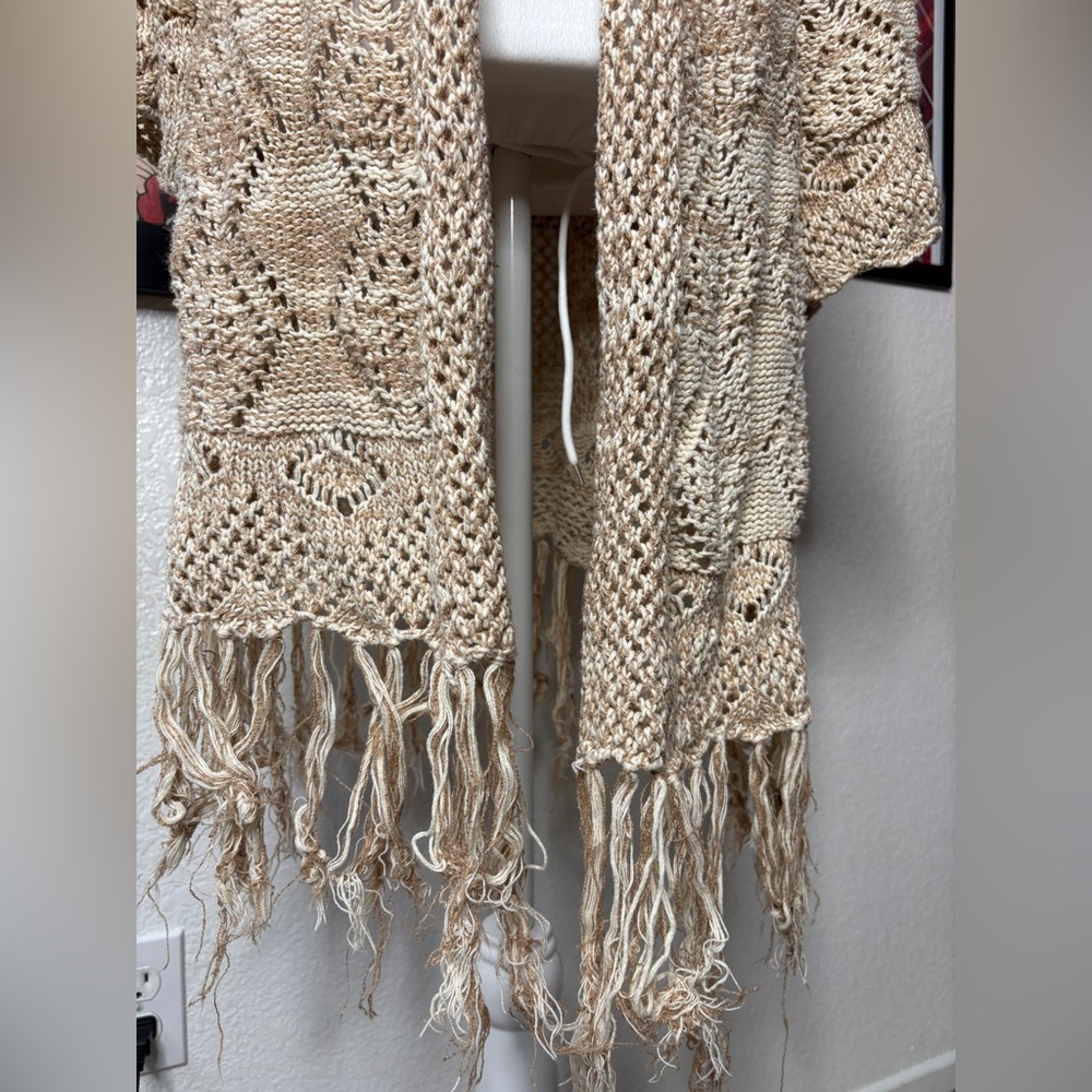 Roxy Cream & Tan Crochet Knit Cardigan with Fringe - Picture 2 of 7